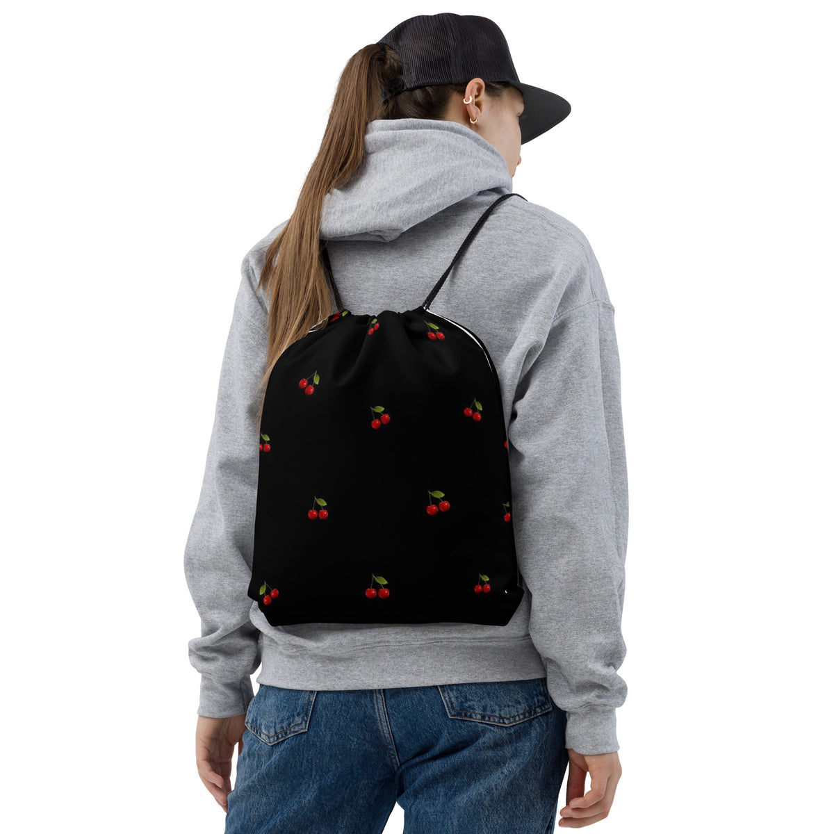 White all-over print drawstring bag with vibrant graphic design and contrasting shoulder straps – lightweight sport backpack by Everyday Prints & Gifts
