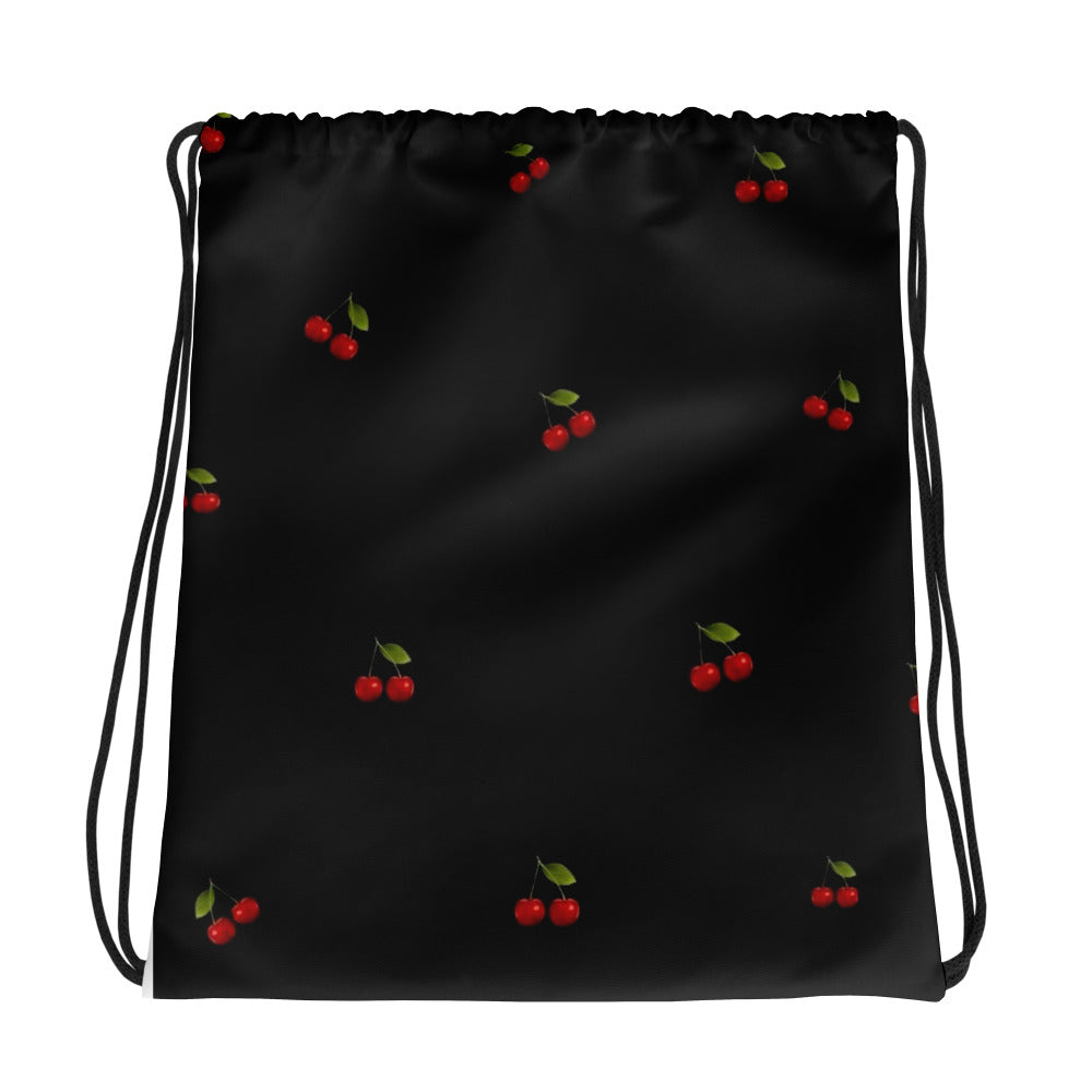 All-over print drawstring bag mockup showing full polyester surface print, drawstring closure and twin cotton handles – gym and school bag 15x17 inch
