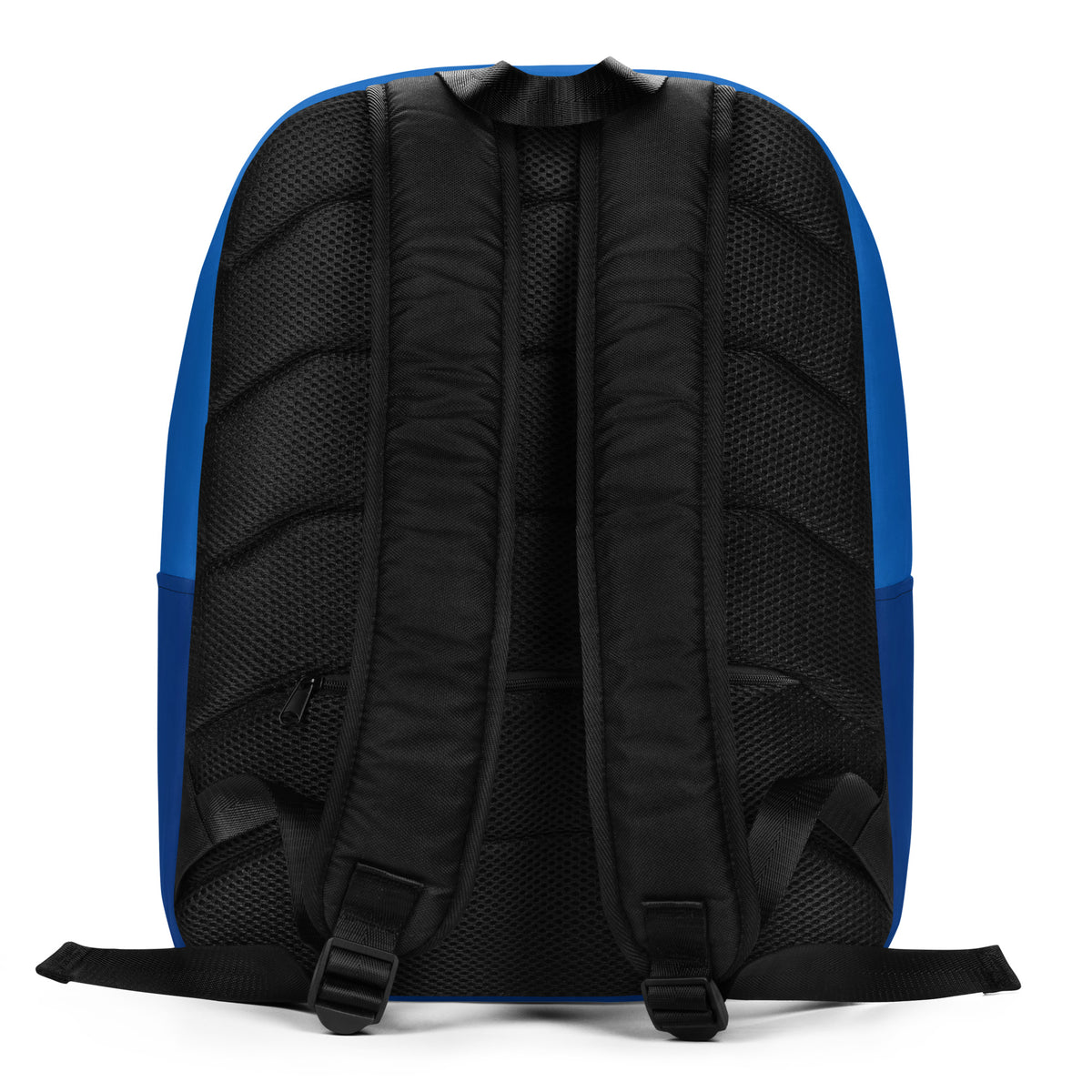 Dark blue minimalist backpack – back view with ergonomic padded straps and hidden zipper pocket