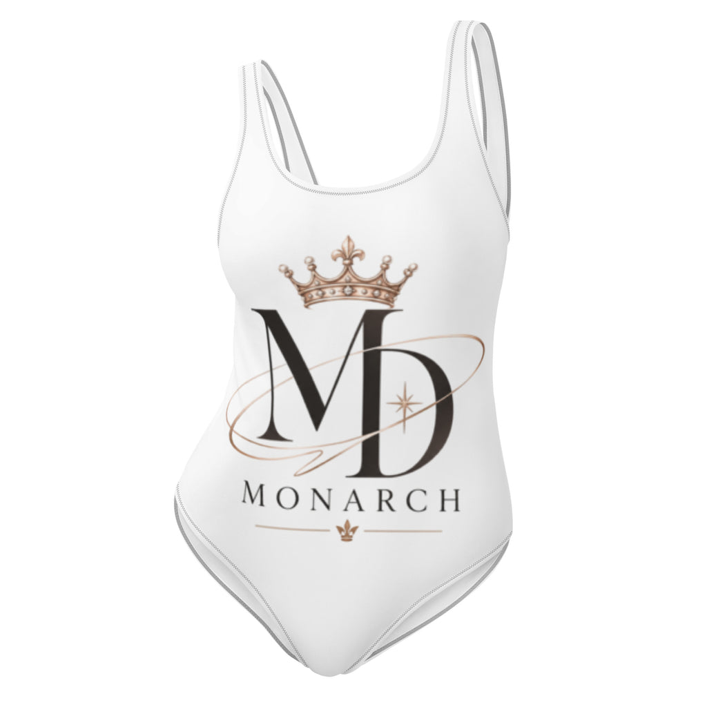 Women's one-piece swimsuit MD-Monarch with monogram and crown design, white, front view