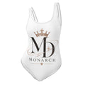 Women's one-piece swimsuit MD-Monarch with monogram and crown design, white, front view