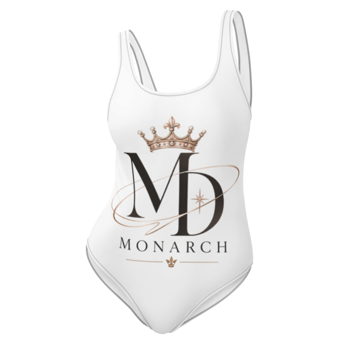Women's one-piece swimsuit MD-Monarch with monogram and crown design, white, front view
