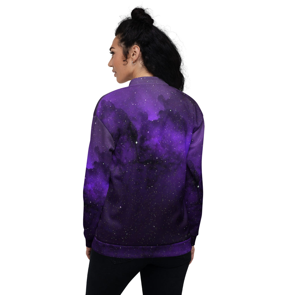 Purple all-over print unisex bomber jacket – back view, brushed fleece lining detail
