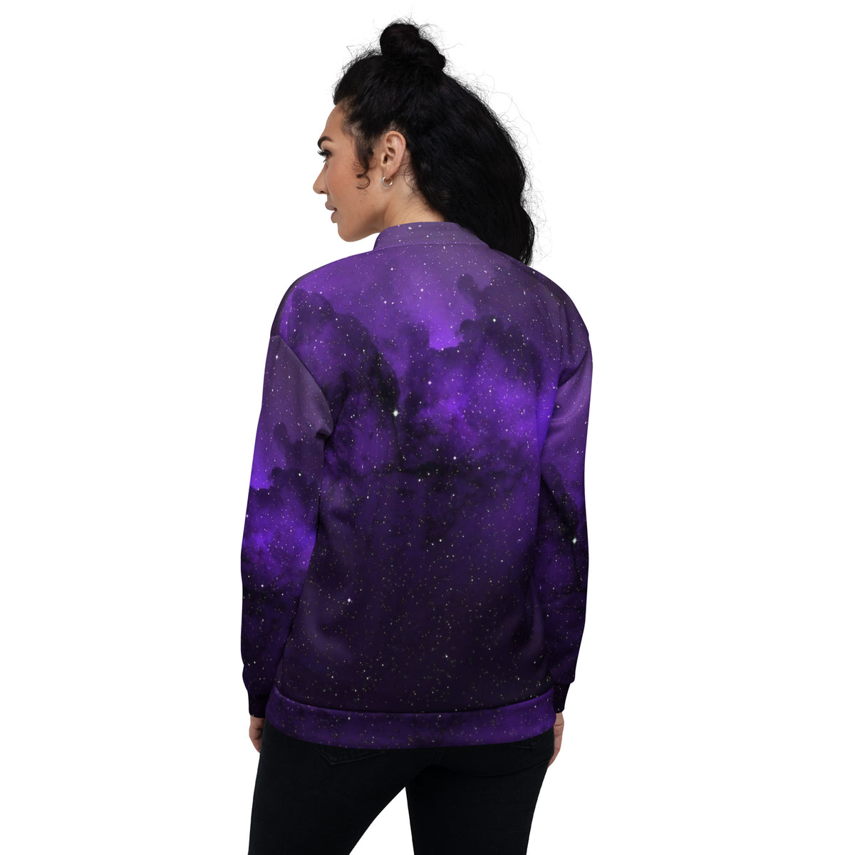 Purple all-over print unisex bomber jacket – back view, brushed fleece lining detail
