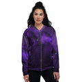 Purple all-over print unisex bomber jacket – front view, relaxed fit with YKK zipper
