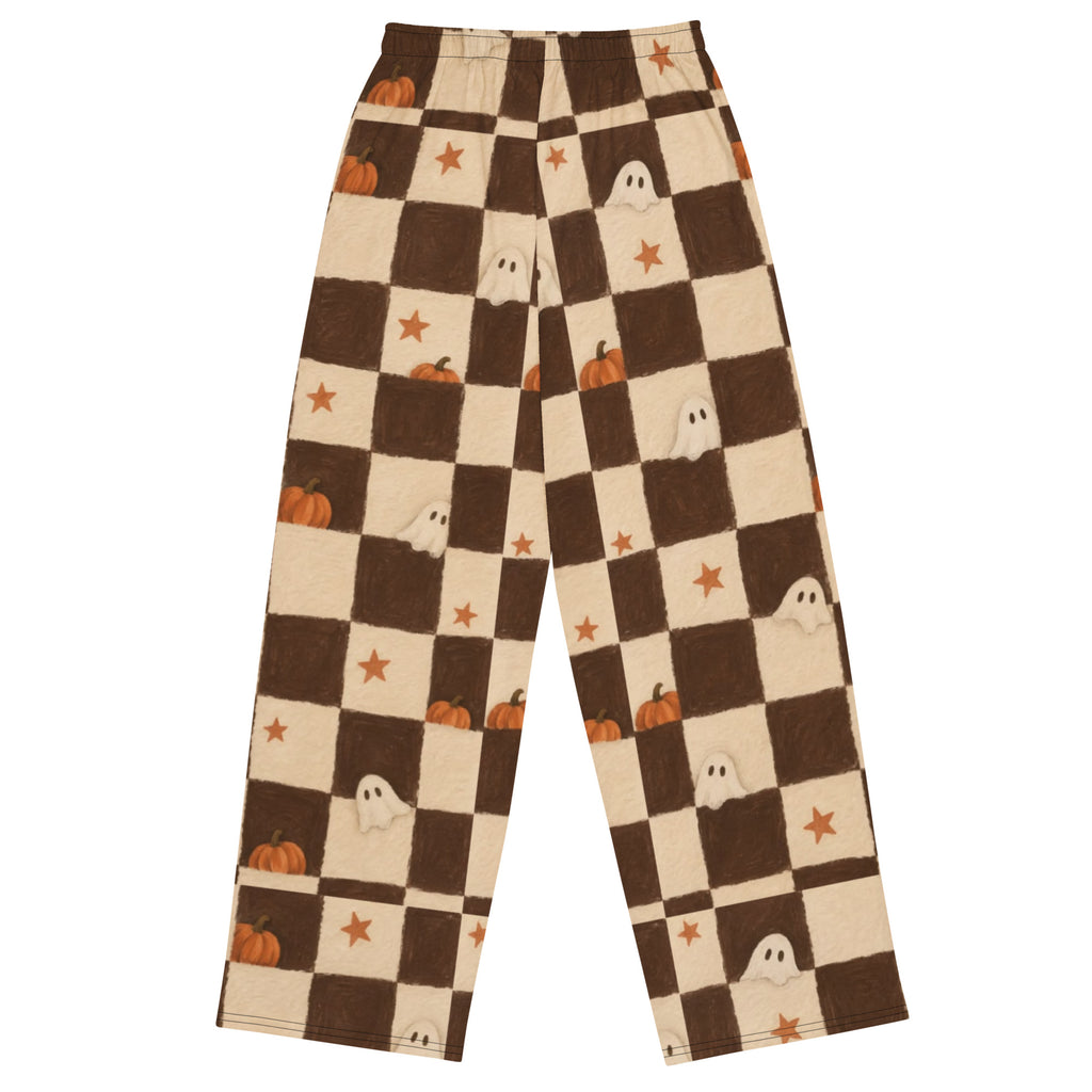 Унисекс панталони с широк крачол и принт – задна страна | Unisex wide-leg pants with print – back view
