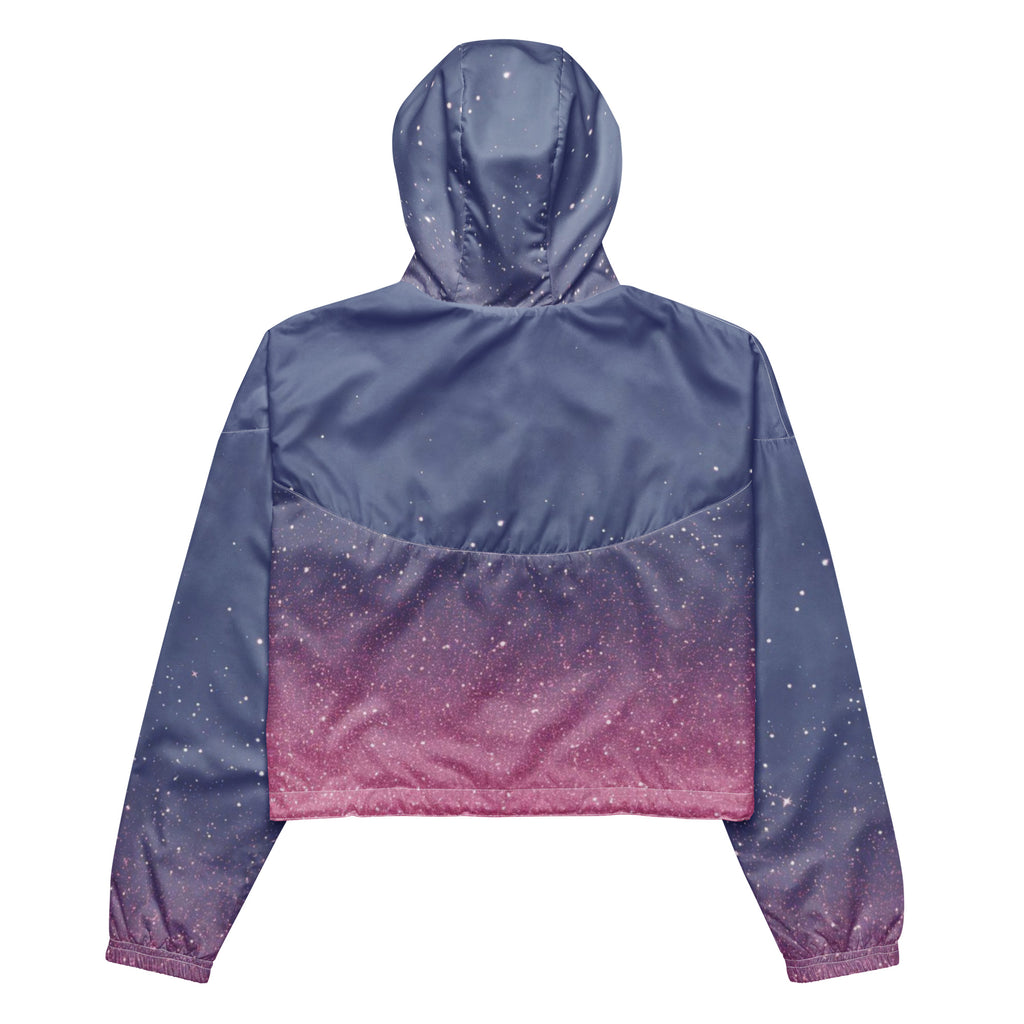 Women's pink and blue cropped windbreaker – back view with adjustable drawcords and breathable mesh lining