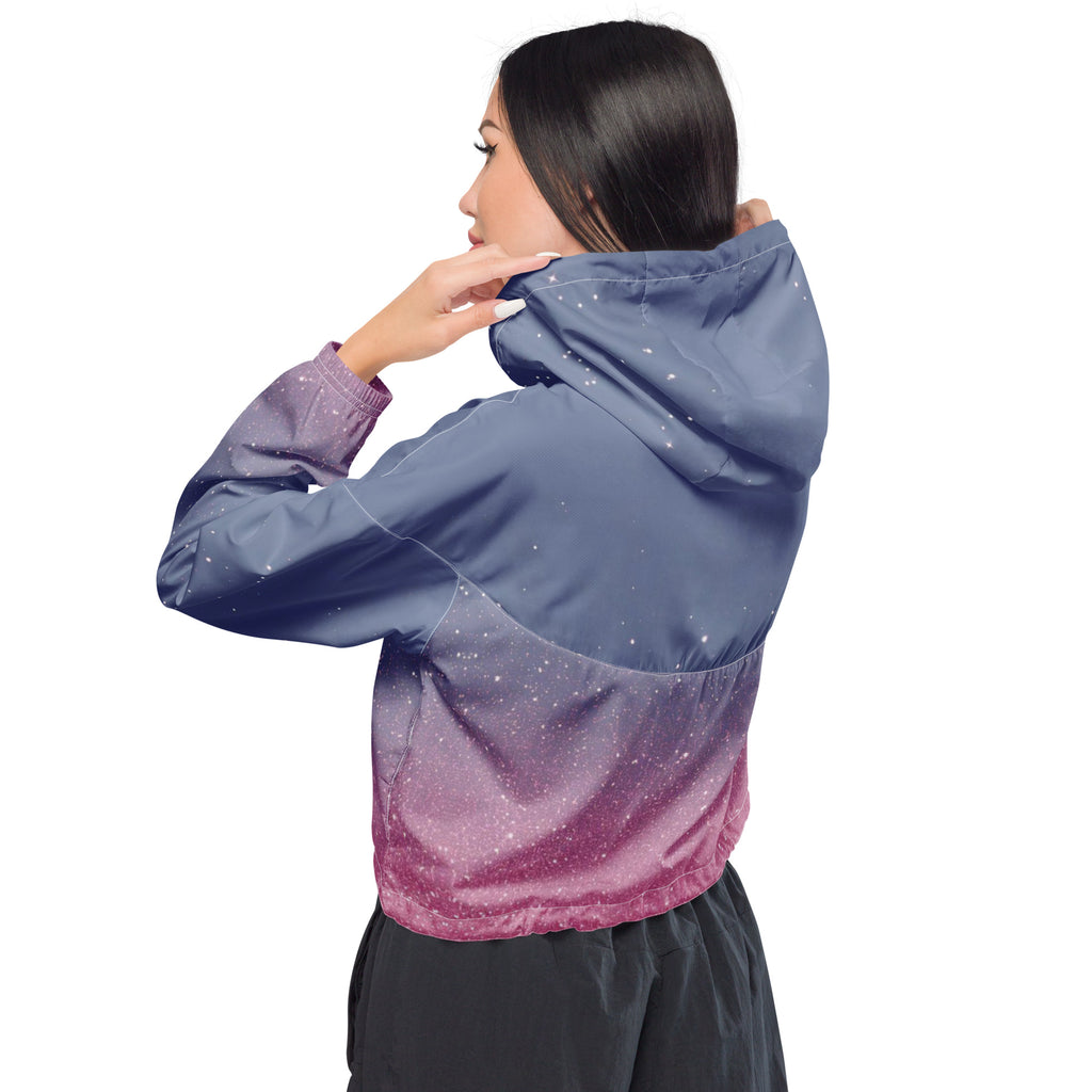 Women's pink and blue cropped windbreaker – back view with adjustable drawcords and breathable mesh lining