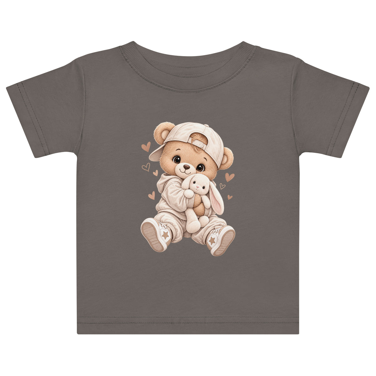 Cute teddy bear and bunny baby T-shirt design in soft pastel colors, adorable infant clothing print