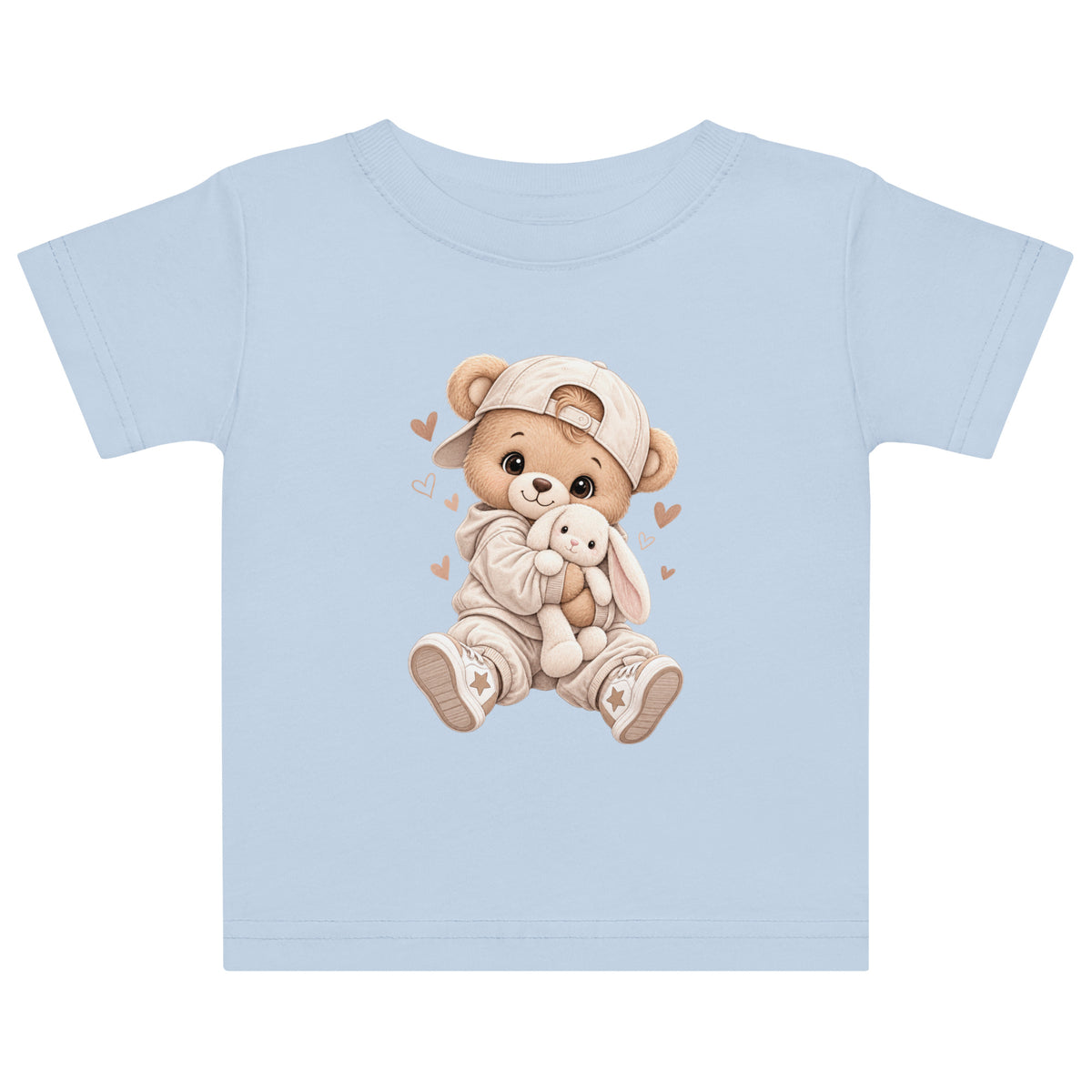 Kawaii teddy bear hugging a bunny, pastel baby shirt design for newborns and infants