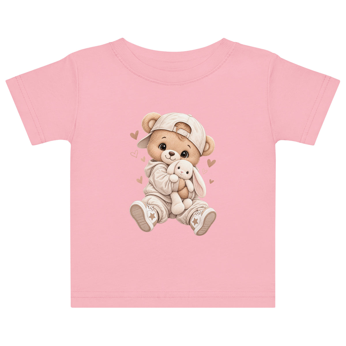 Kawaii teddy bear hugging a bunny, pastel baby shirt design for newborns and infants