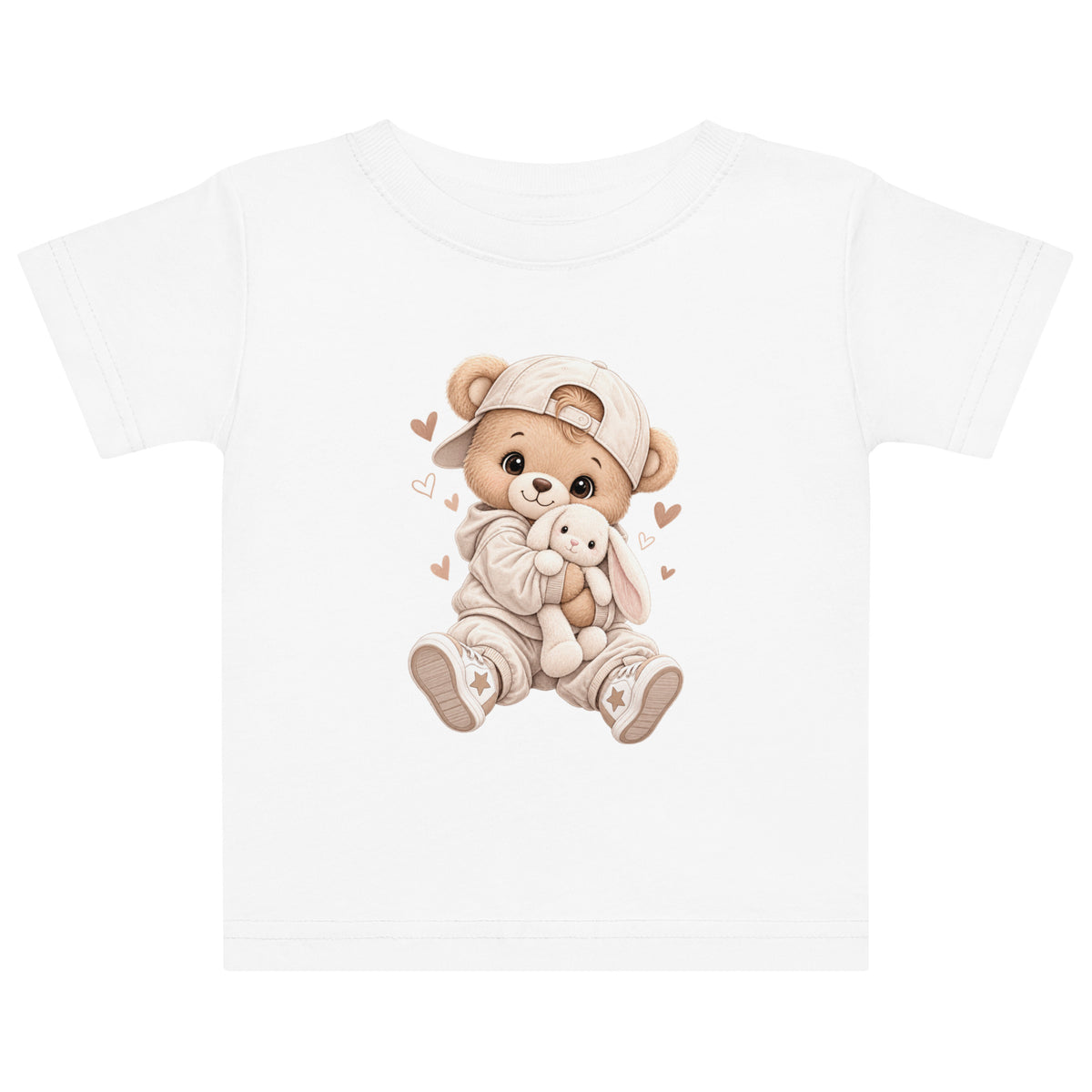 Cute teddy bear and bunny baby T-shirt design in soft pastel colors, adorable infant clothing print