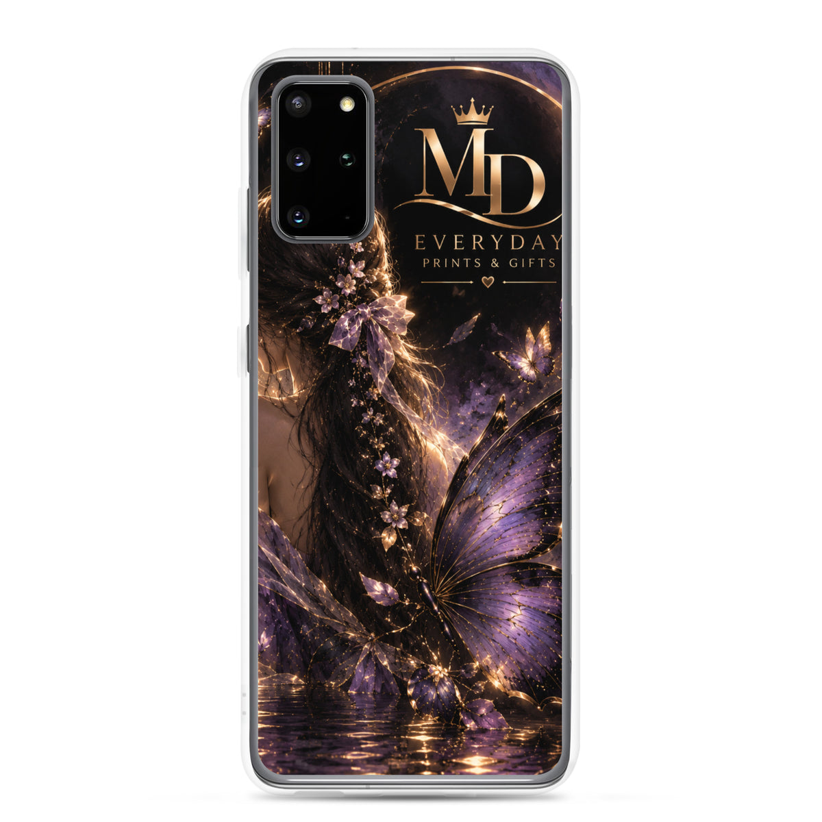 Калъф за Samsung Galaxy S20 Plus с лилави пеперуди, цветя и златисто лого MD, поставен върху телефона, изглед отзад.
