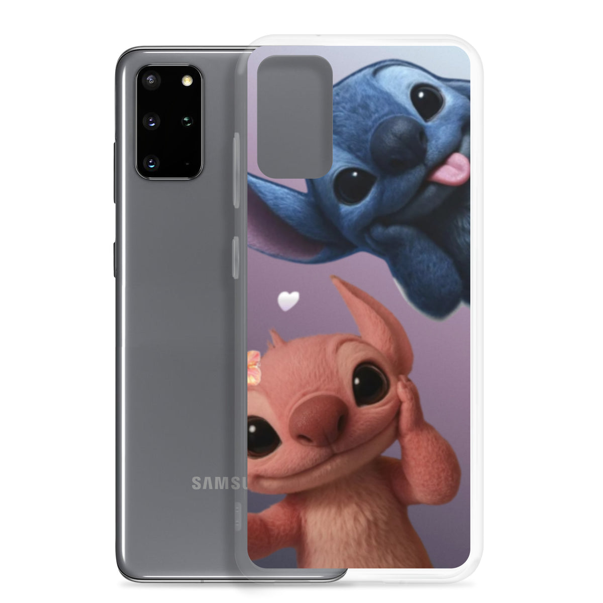 Samsung калъф с Stitch и Angel, съвместим с безжично зареждане, прозрачни страни

