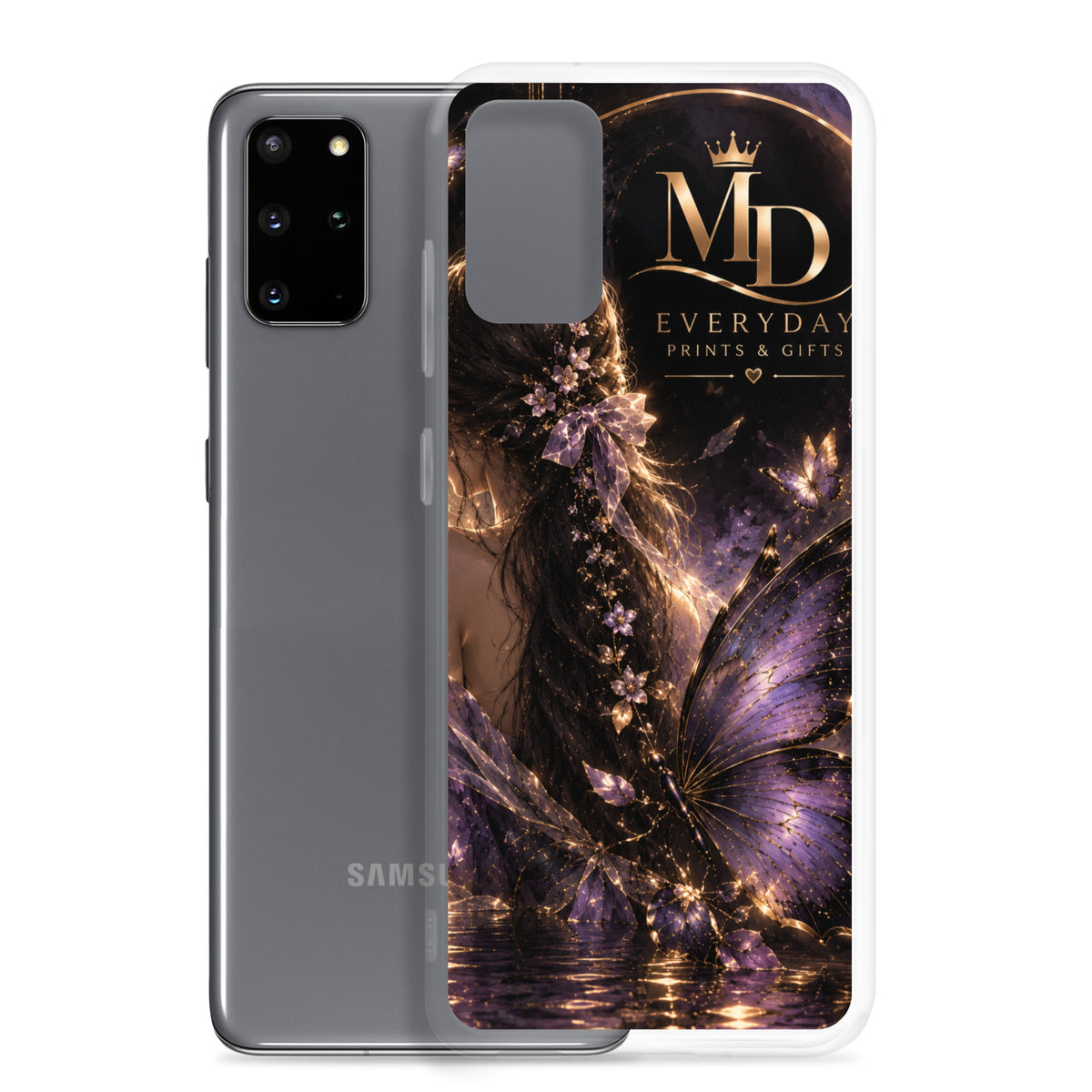Калъф с лилави пеперуди, златисти детайли и лого MD до Samsung Galaxy S20 Plus, с видим отвор за камерата.
