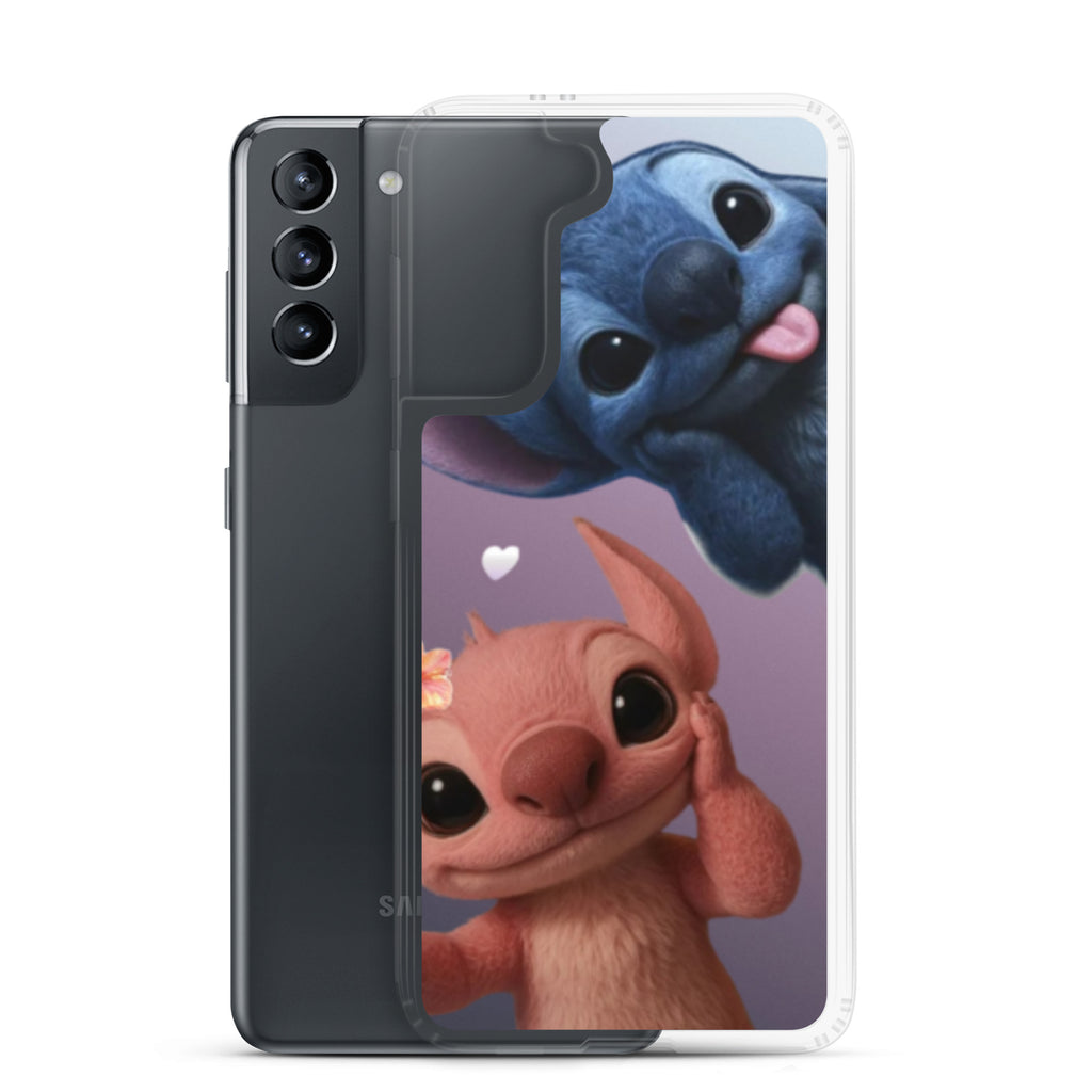 Samsung калъф с Stitch и Angel, съвместим с безжично зареждане, прозрачни страни
