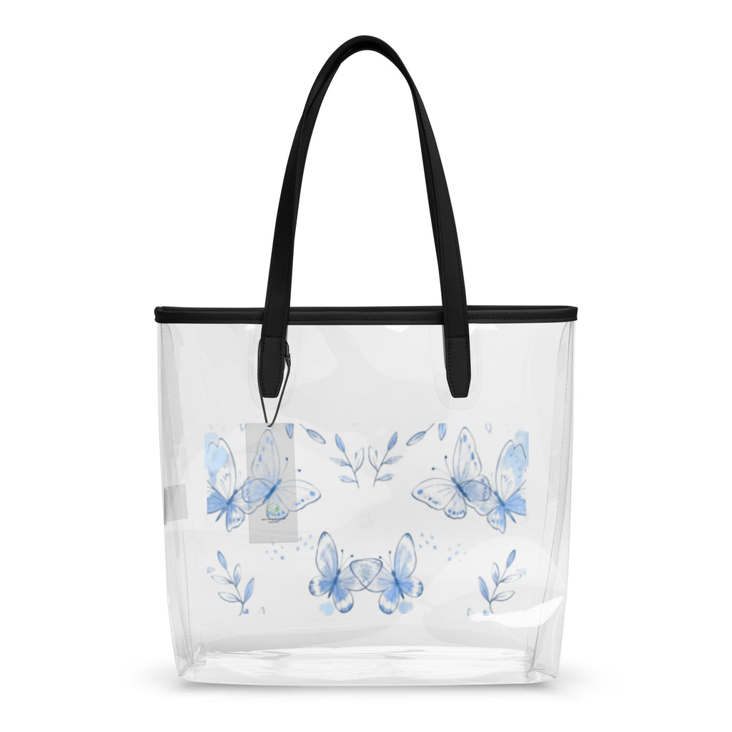 Близък план на clear tote bag — прозрачни стени и отворен основен compartment
