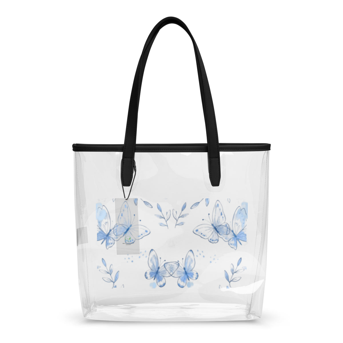 Близък план на clear tote bag — прозрачни стени и отворен основен compartment
