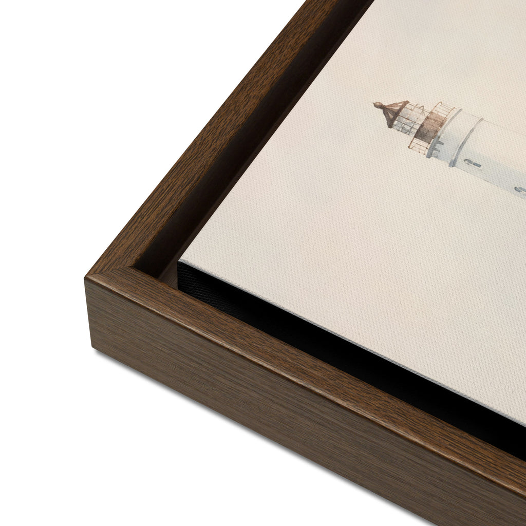 Brown framed canvas with serene lighthouse watercolor illustration on beige background / Кафява рамка канава с акварелна илюстрация на фар на спокоен бряг на бежов фон