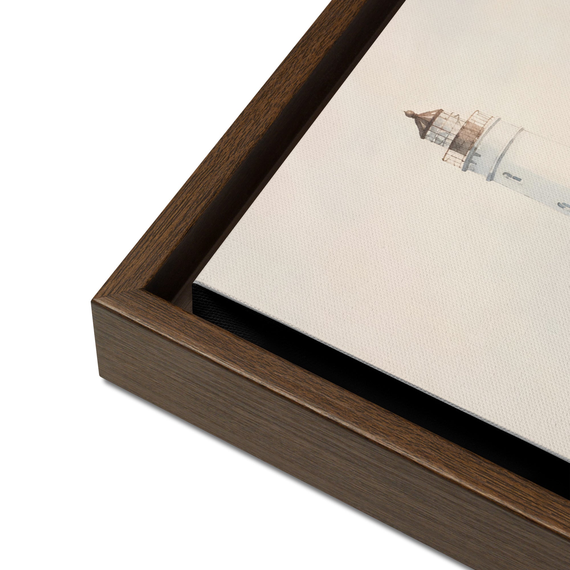 Brown framed canvas with serene lighthouse watercolor illustration on beige background / Кафява рамка канава с акварелна илюстрация на фар на спокоен бряг на бежов фон