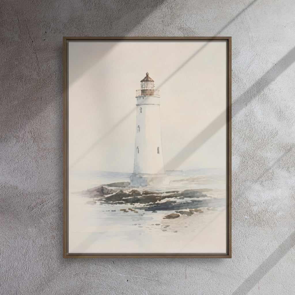 Coastal watercolor lighthouse art print in brown wood frame, neutral tones wall decor / Крайбрежна акварелна картина с фар в кафява дървена рамка, декорация за стена в неутрални тонове