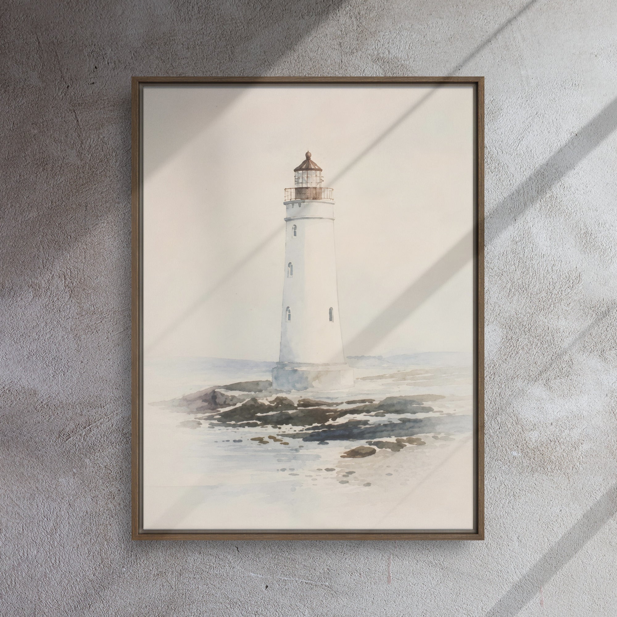 Coastal watercolor lighthouse art print in brown wood frame, neutral tones wall decor / Крайбрежна акварелна картина с фар в кафява дървена рамка, декорация за стена в неутрални тонове