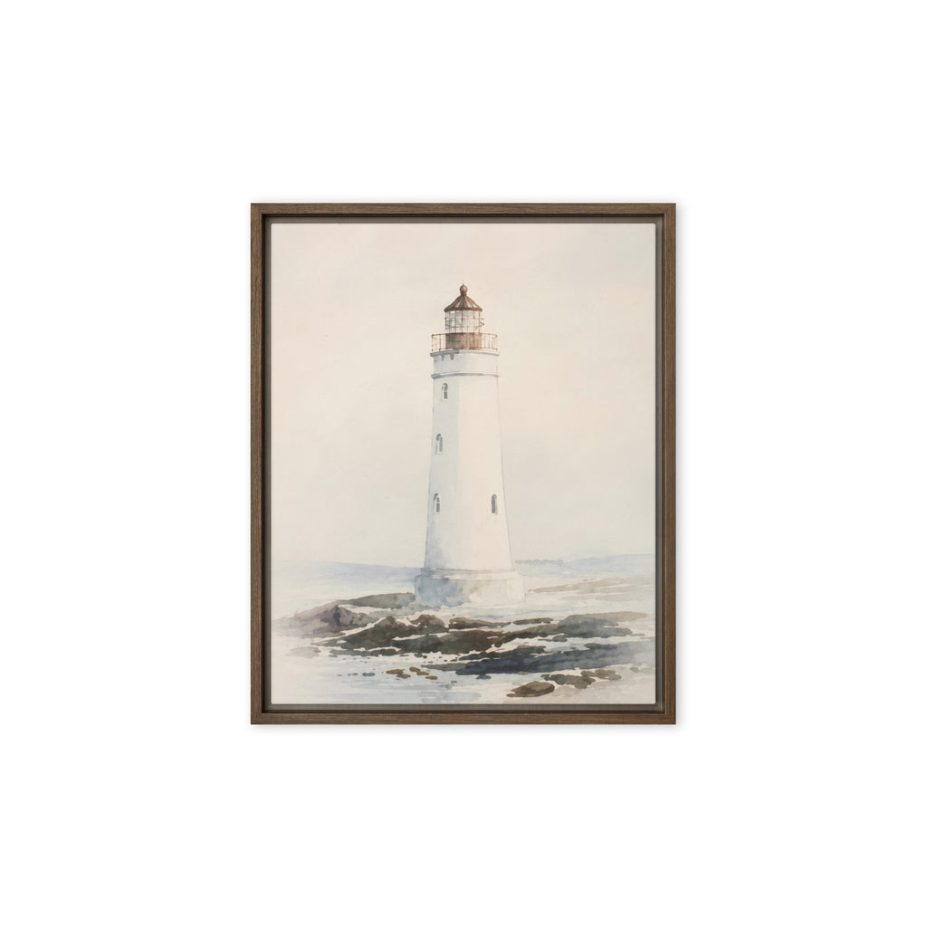 Framed canvas with watercolor painting of a white lighthouse on rocky coast, brown pine wood floating frame / Картина с рамка с акварелен фар на скалист бряг, кафява плаваща рамка от борова дървесина