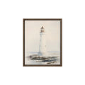 Framed canvas with watercolor painting of a white lighthouse on rocky coast, brown pine wood floating frame / Картина с рамка с акварелен фар на скалист бряг, кафява плаваща рамка от борова дървесина