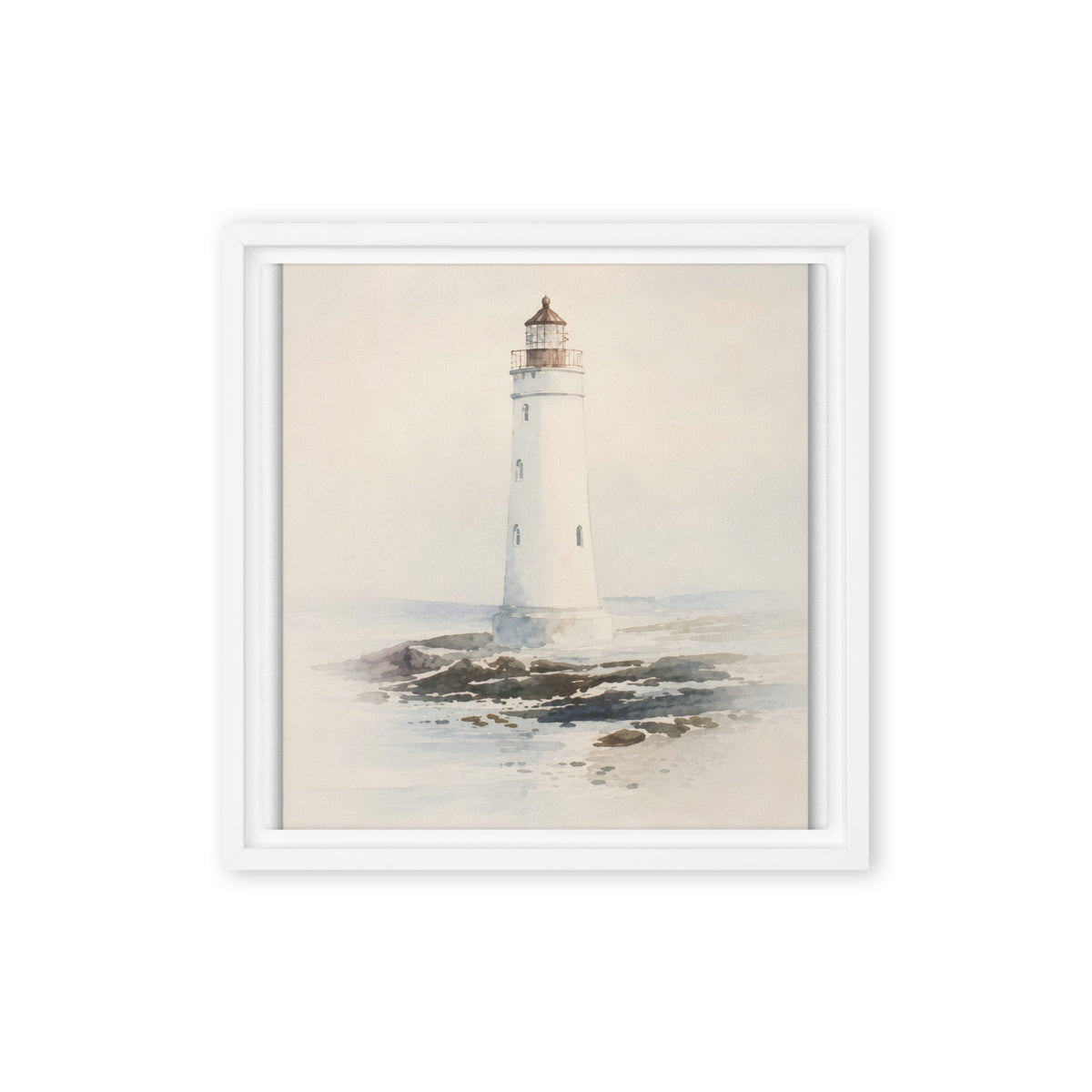White lighthouse watercolor print с ocean waves и rocky shore, coastal home decor.