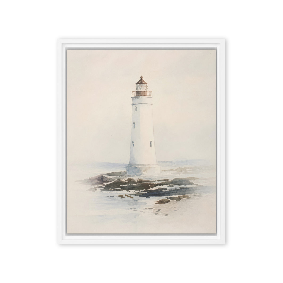 Акварелна картина с бял фар и море, framed coastal wall art с бяла рамка.