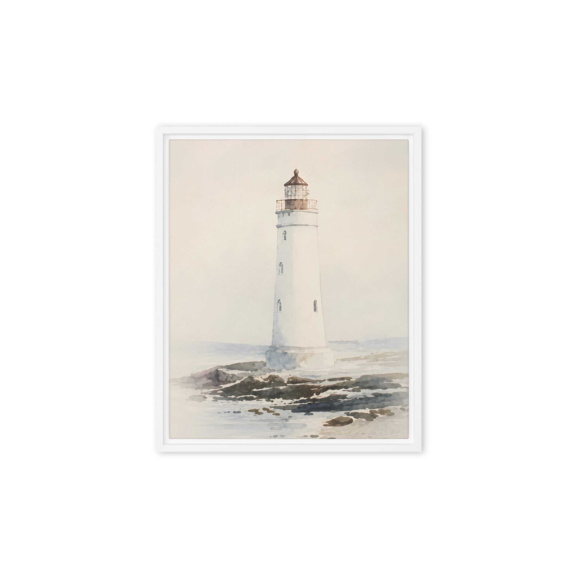 Minimalist lighthouse wall art в бяла рамка, подходяща за bedroom, living room и beach house.