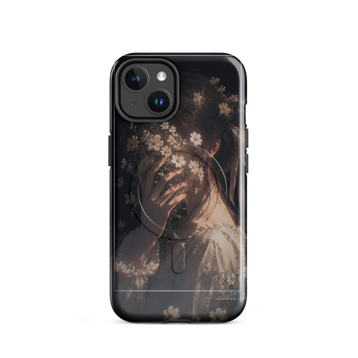 MagSafe кейс за iPhone с aesthetic принт на момиче с цветя, тъмен фон – Everyday Prints & Gifts
