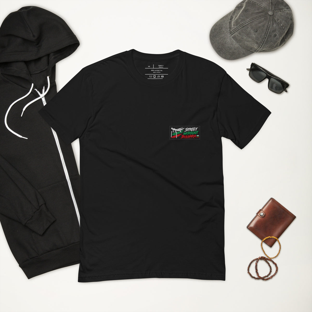 Black Street Workout Bulgaria unisex T-shirt featuring a bold Bulgarian flag-inspired graphic with white, green and red details.