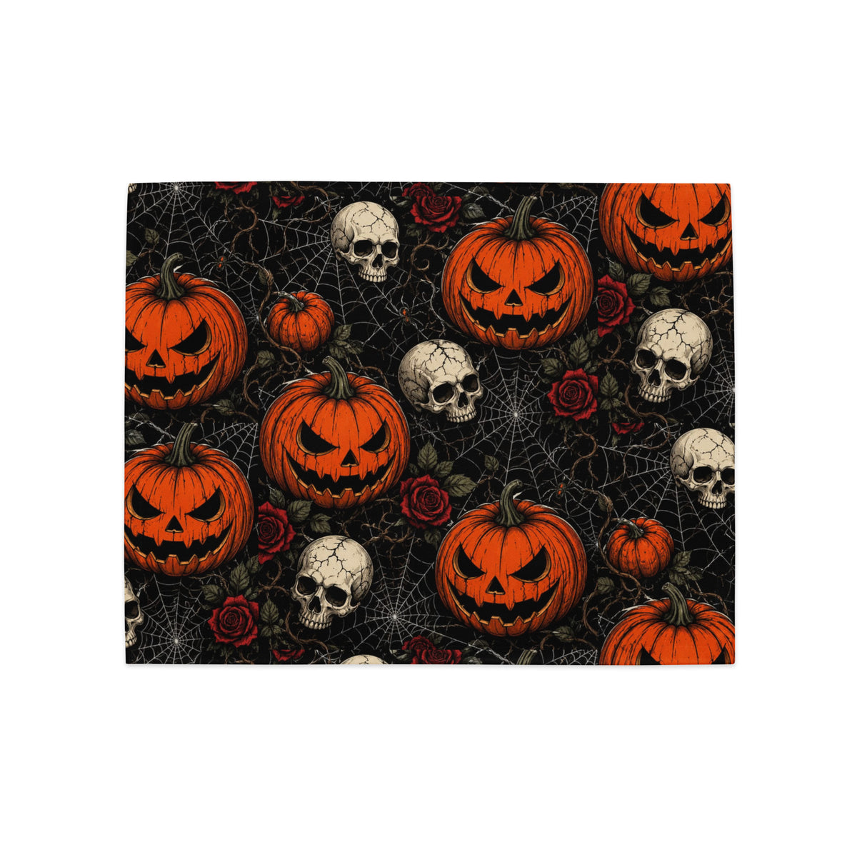 Halloween placemat with jack-o-lanterns, skulls and spider webs on dark background – spooky table decor / Хелоуин подложка за маса с тикви, черепи и паяжини на тъмен фон – декорация за маса