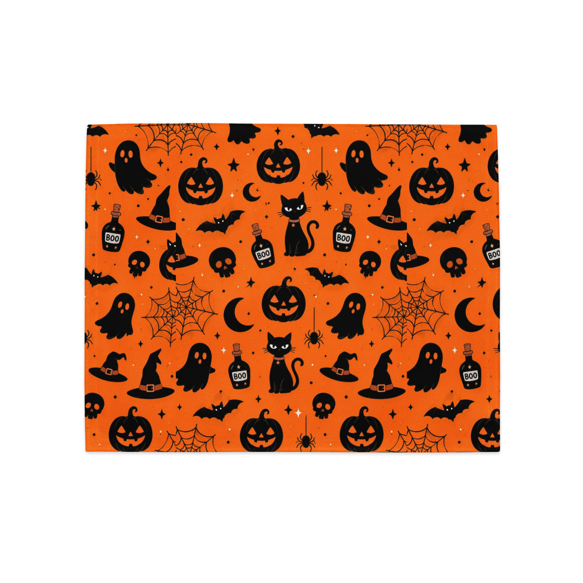Halloween placemat with ghosts, black cats, bats and witch hats on orange background – festive table decor / Хелоуин подложка за маса с призраци, черни котки, прилепи и вещерски шапки на оранжев фон