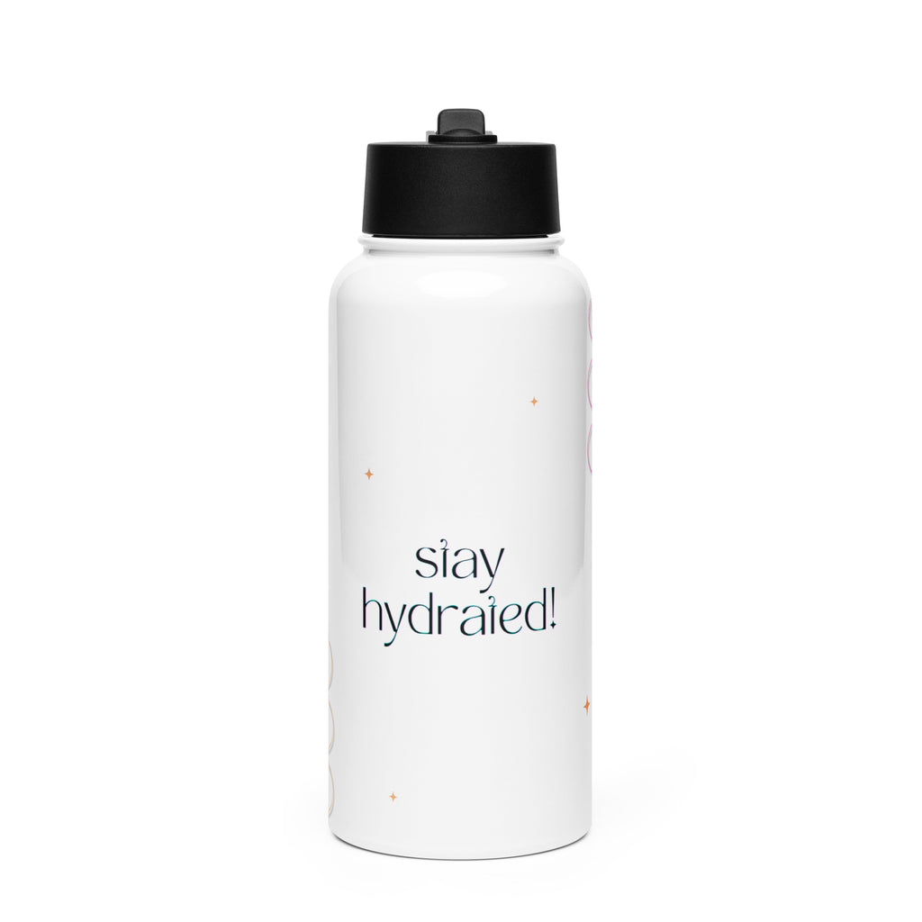 Бяла бутилка за вода Stay Hydrated 32oz от неръждаема стомана с черен капак и сгъваема сламка / White 32oz stainless steel Stay Hydrated water bottle with black foldable straw lidProduct mockup