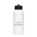 Бяла бутилка за вода Stay Hydrated 32oz от неръждаема стомана с черен капак и сгъваема сламка / White 32oz stainless steel Stay Hydrated water bottle with black foldable straw lidProduct mockup
