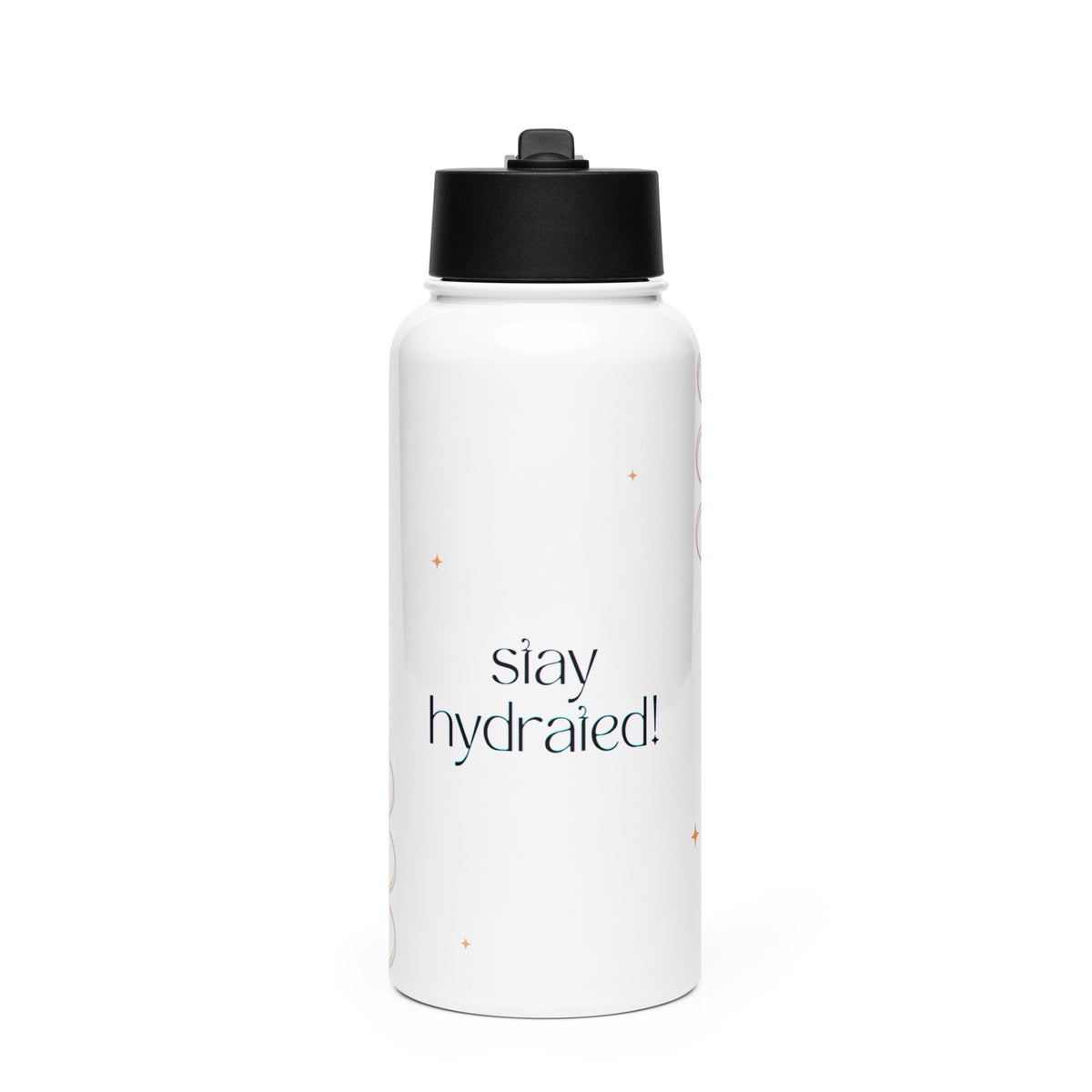 Бяла бутилка за вода Stay Hydrated 32oz от неръждаема стомана с черен капак и сгъваема сламка / White 32oz stainless steel Stay Hydrated water bottle with black foldable straw lidProduct mockup