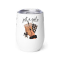 Бял wine tumbler 12 oz от неръждаема стомана с double-wall вакуум и принт – предна страна
