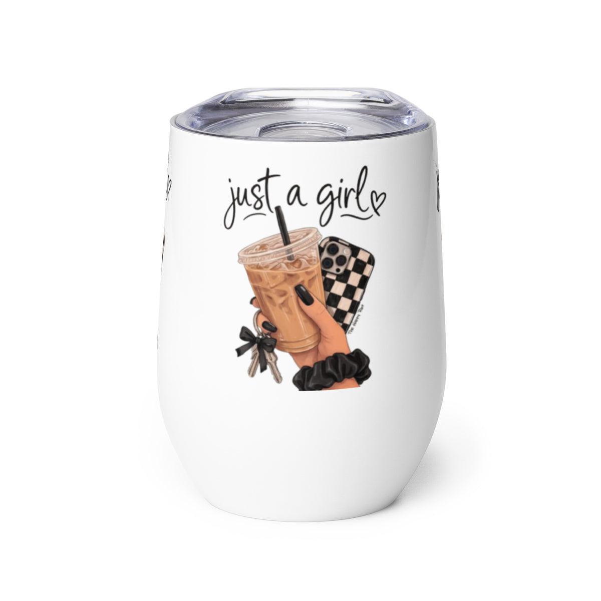 Бял wine tumbler 12 oz от неръждаема стомана с double-wall вакуум и принт – предна страна
