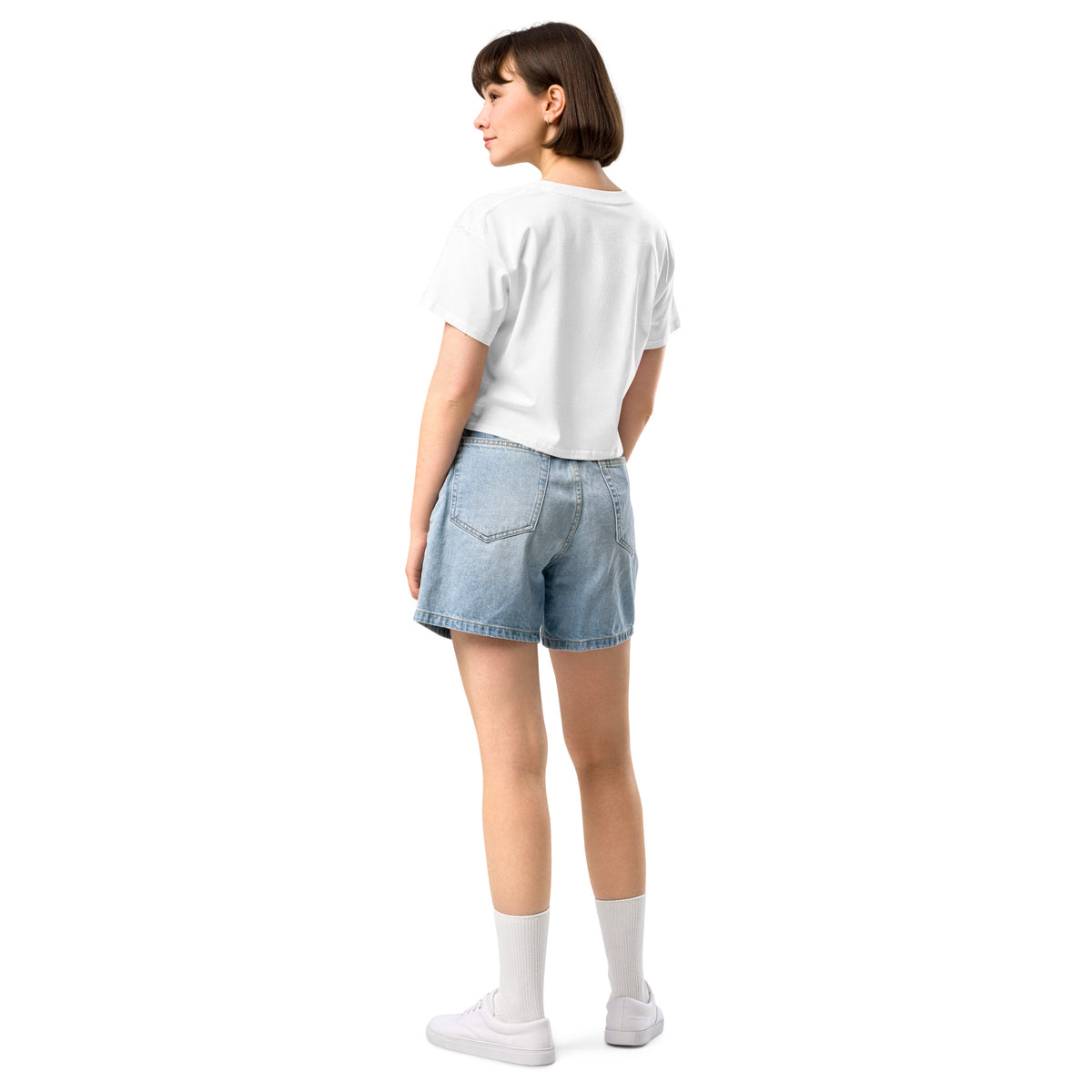 Дамски бял кроп топ от памук с dropped shoulders – задна страна, Everyday Prints & Gifts
