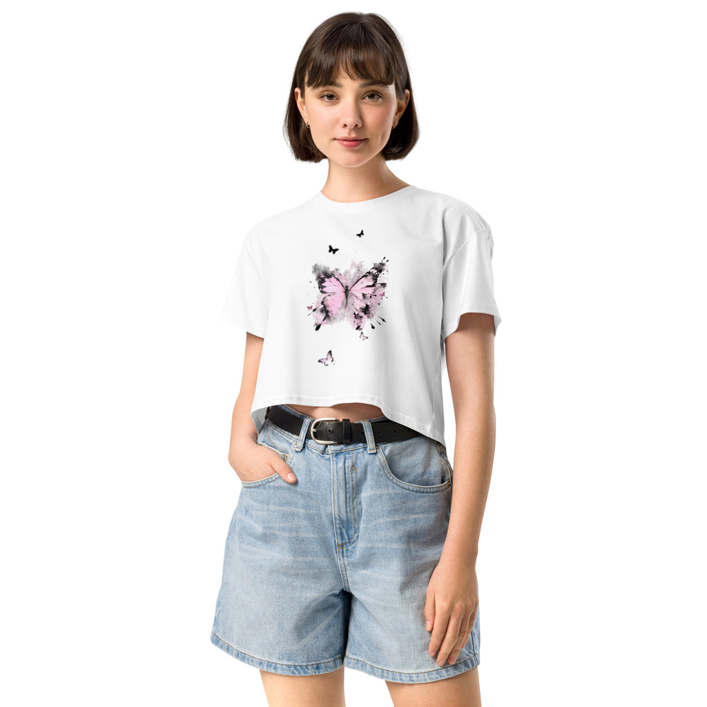 Дамски бял кроп топ от памук с relaxed fit и ribbed crew neck – предна страна
